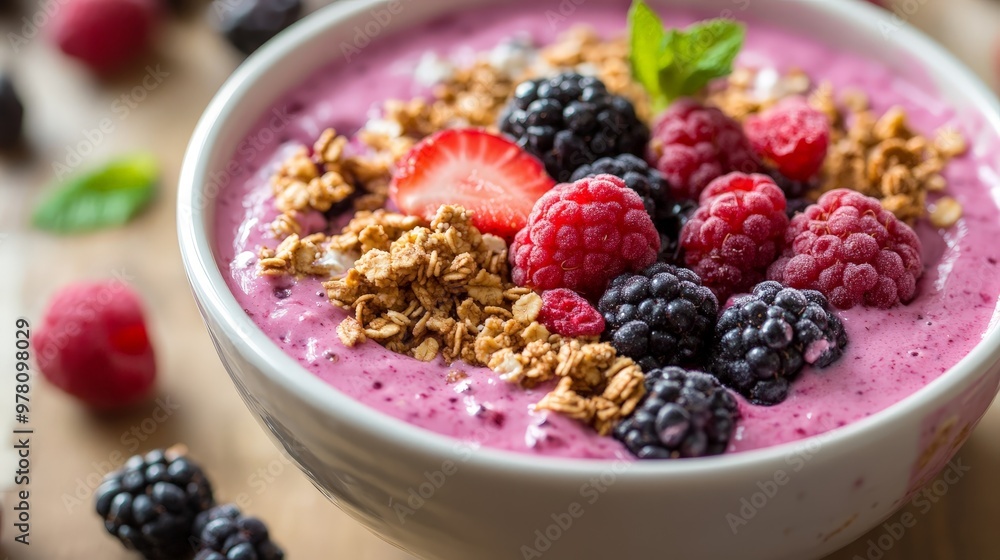 A vibrant smoothie bowl topped with granola, fresh berries, and a drizzle of honey, offering a healthy yet too delicious to resist breakfast option.