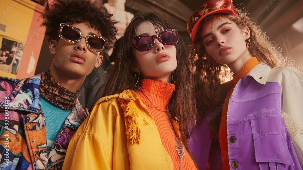 A vibrant, youthful fashion scene with Gen Z individuals displaying their unique style through bold clothing choices and creative accessories. A vibrant, youthful fashion scene with Gen Z individuals displaying their unique style through bold clothing choices and creative accessories.