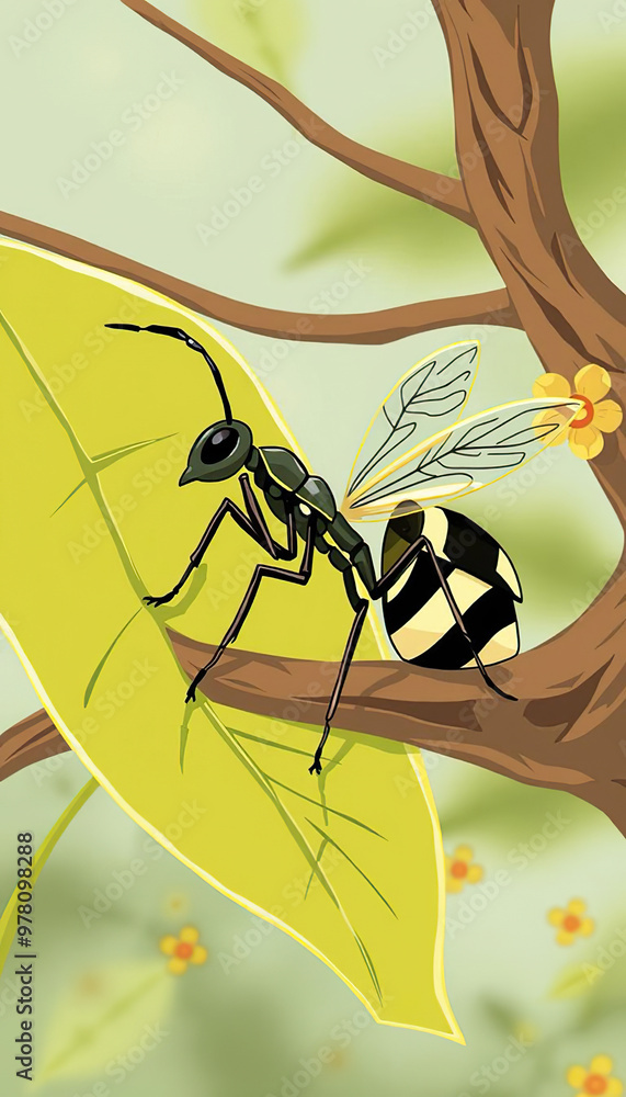 Naklejka premium A large yellow and black wasp is sitting on a rock next to a smaller wasp