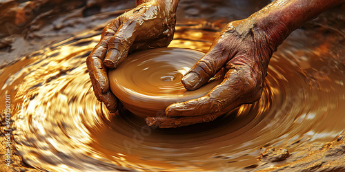 Artisan's Hands at Work: A potter carefully shaping clay on a spinning wheel, focusing on each subtle movement.