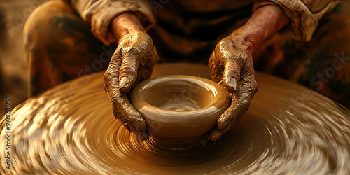 Artisan's Hands at Work: A potter carefully shaping clay on a spinning wheel, focusing on each subtle movement.