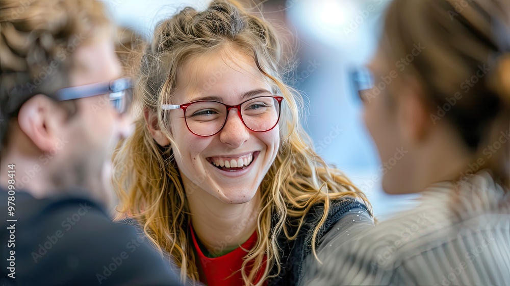 Smiling woman with glasses, laughing. Great image for articles about happiness, joy, or positive emotions. Smiling woman with glasses, laughing. Great image for articles about happiness, joy, or positive emotions.