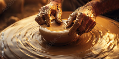 Artisan's Hands at Work: A potter carefully shaping clay on a spinning wheel, focusing on each subtle movement.