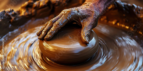 Artisan's Hands at Work: A potter carefully shaping clay on a spinning wheel, focusing on each subtle movement.