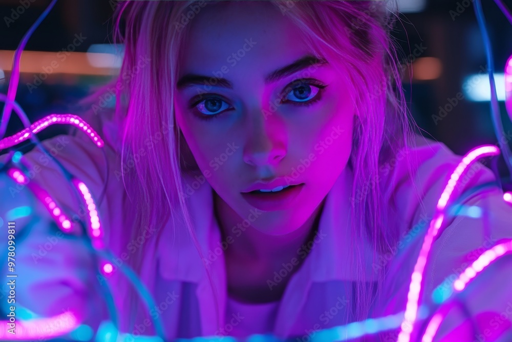Young woman in neon lit environment with vibrant pink and purple hues surrounded by glowing wires symbolizing a cyberpunk aesthetic and digital interconnectedness Young woman in neon lit environment with vibrant pink and purple hues surrounded by glowing wires symbolizing a cyberpunk aesthetic and digital interconnectedness