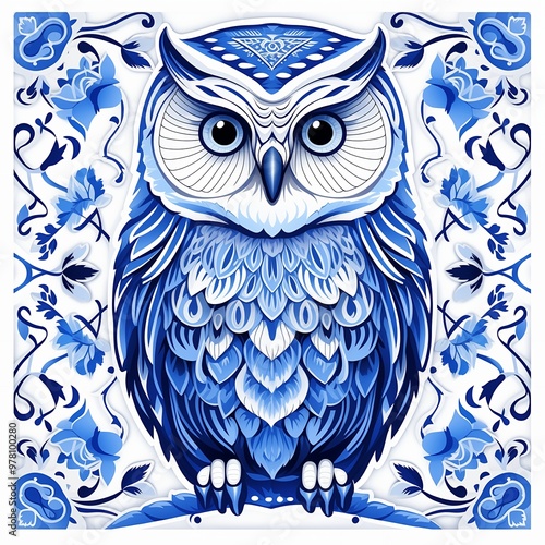 Blue ornamental owl in decorative floral design, intricate illustration photo