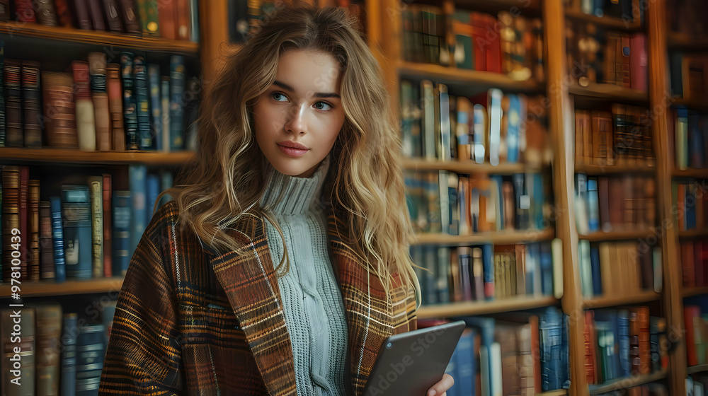 Woman in a Library with Bookshelves and a Tablet Illustration Woman in a Library with Bookshelves and a Tablet Illustration