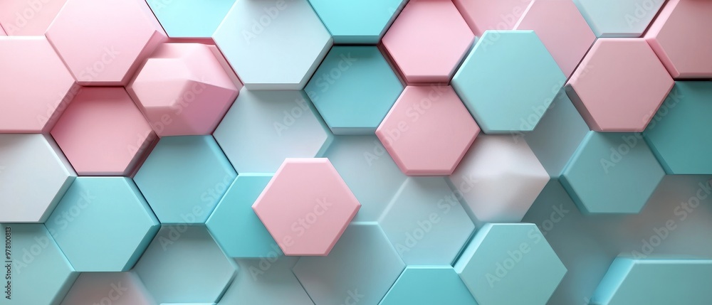Hexagonal grid abstract background, soft pastel tones like pink and teal, smooth transitions between hexagons, minimalistic design, subtle 3D effect, calming and modern style Hexagonal grid abstract background, soft pastel tones like pink and teal, smooth transitions between hexagons, minimalistic design, subtle 3D effect, calming and modern style