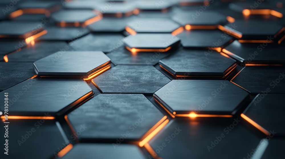 Fototapeta premium Hexagonal grid with reflective chrome surfaces, metallic silver textures, glowing edges, sharp geometric shapes, futuristic digital aesthetic, high-tech sci-fi lighting