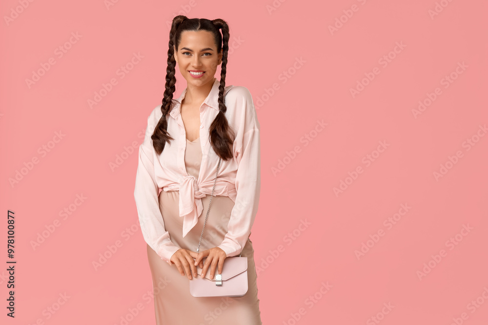 Beautiful young happy stylish woman with braids on pink background Beautiful young happy stylish woman with braids on pink background