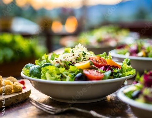 Rustic lunch salads with depth of field showcasing fresh greens, vegetables, and hearty toppings