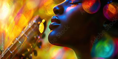 Musician's Inspiration: A musician lost in melody as they strum a guitar, their eyes closed and face uplifted in creative surrender.