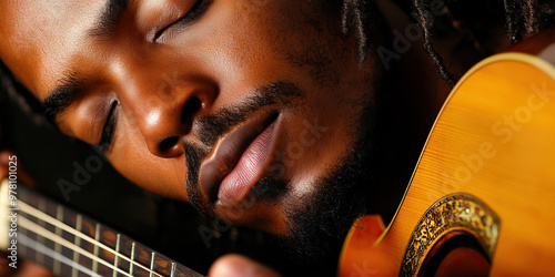 Musician's Inspiration: A musician lost in melody as they strum a guitar, their eyes closed and face uplifted in creative surrender.
