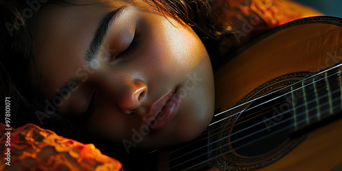 Musician's Inspiration: A musician lost in melody as they strum a guitar, their eyes closed and face uplifted in creative surrender. photo