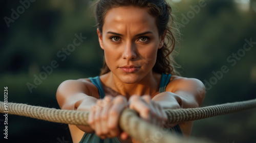 Athletic strong woman wearing sports gear pulls on a rope with her hands, determined and focused, exercising and outdoor training, toned and muscular physique. 