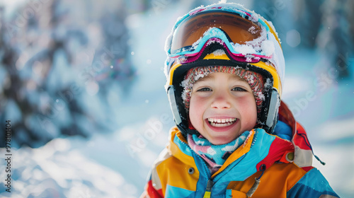 little smiling boy skiing at ski resort, ski slope, white snow, winter sport, child, kid, sports uniform, helmet, mask, active lifestyle, childhood, children, speed, competition, training, december