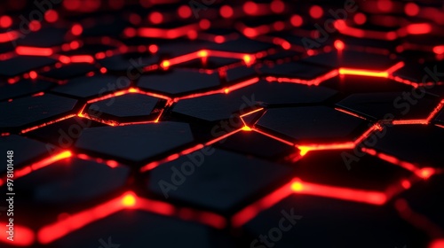 Interconnected hexagons glowing red, on a dark black background, forming a grid, sharp high-contrast design, sleek and futuristic, Neon glow, Digital art photo