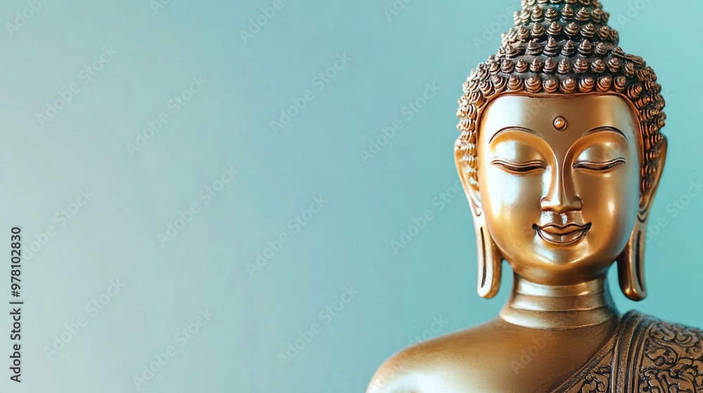 Luxurious golden Lord Buddha image with detailed ornate embellishments, standing gracefully on a serene white-light blue background Luxurious golden Lord Buddha image with detailed ornate embellishments, standing gracefully on a serene white-light blue background