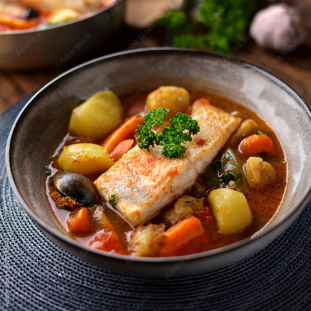 Rustic seafood stews with depth of field featuring tender fish fillets and hearty vegetables Rustic seafood stews with depth of field featuring tender fish fillets and hearty vegetables