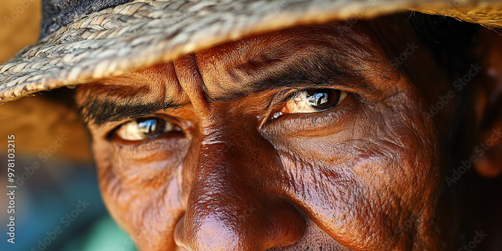 Intense Farmer: A close-up of a man's face, his features weathered from years of working the land. Intense Farmer: A close-up of a man's face, his features weathered from years of working the land.