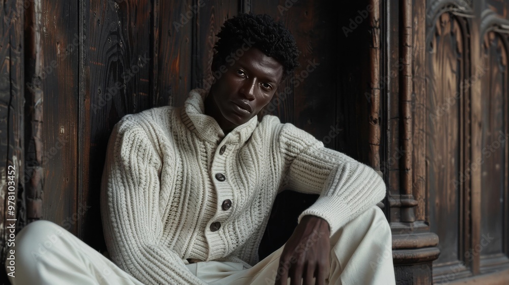 Model in a stylish sweater by a textured wall Model in a stylish sweater by a textured wall