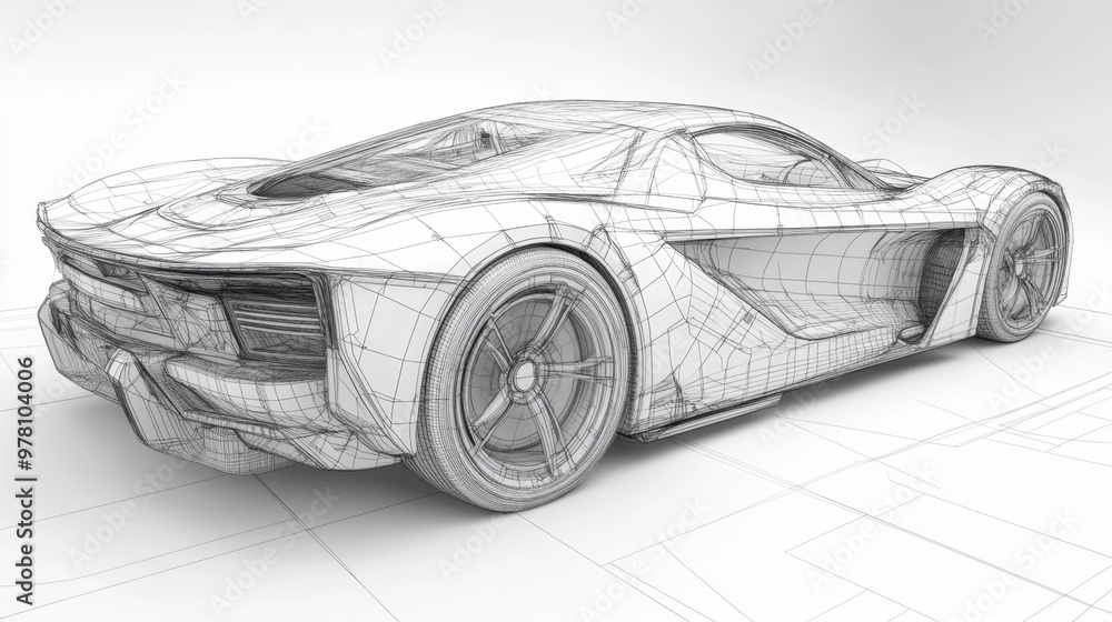Naklejka premium A 3D wireframe model of a futuristic car design in a rendering program, with detailed lines and shapes visible.