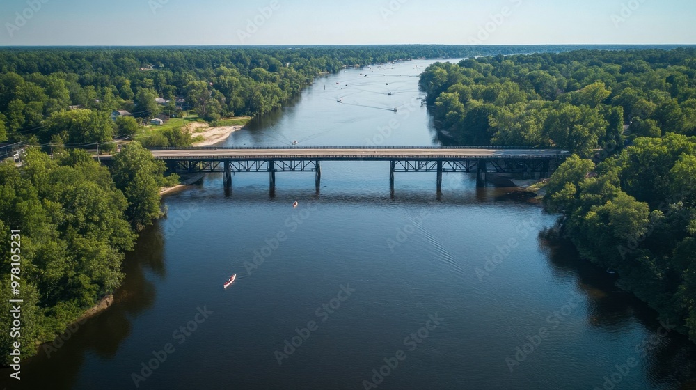 A bridge covered in ivy spanning a peaceful river, with ducks swimming below and trees arching over the water. A bridge covered in ivy spanning a peaceful river, with ducks swimming below and trees arching over the water.