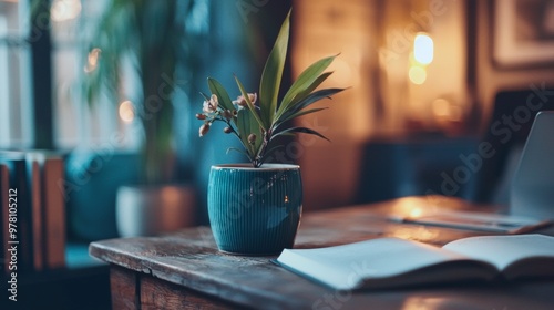 Minimalist Potted Plant on Wooden Desk in Cozy Home Office