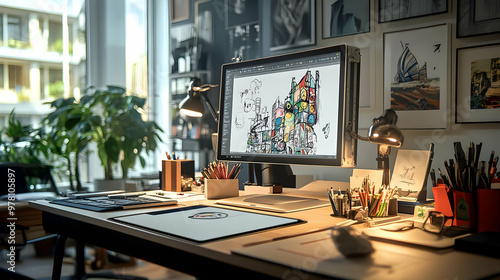 Creative Home Office Workspace with Computer, Desk, and Artwork - Illustration