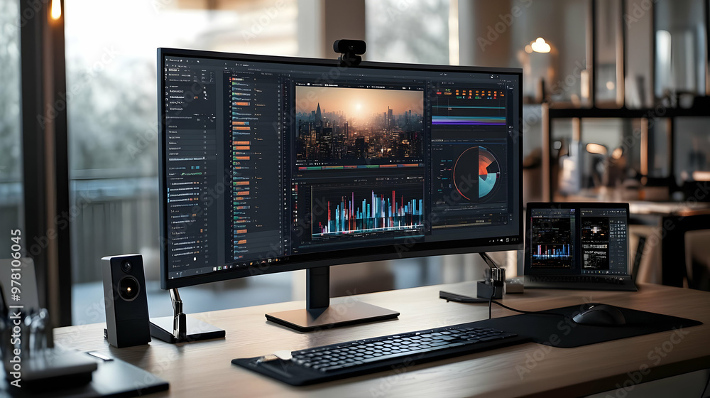 Modern Home Office Desk Setup with a Curved Monitor and a Laptop -  Photo