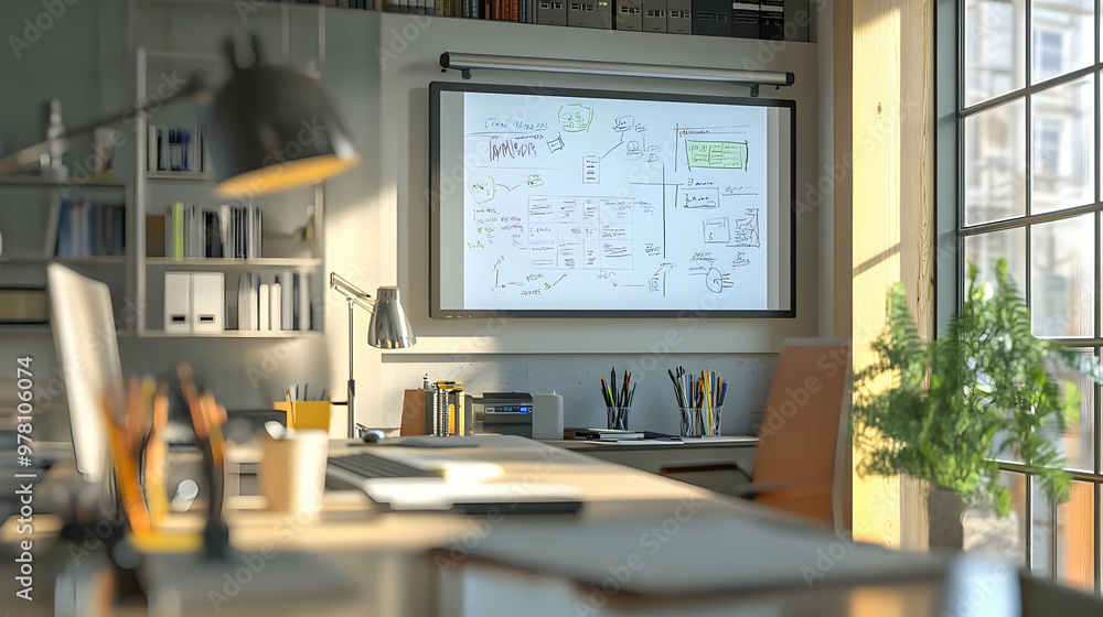 Modern Home Office with Desk and Window View - 3D Illustration Modern Home Office with Desk and Window View - 3D Illustration