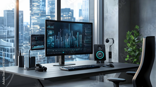 Modern Office Desk Setup with Computer, Keyboard, Mouse, and Speakers - 3D Illustration