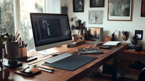 Desk with Computer, Pencils, and a Notebook - Photograph