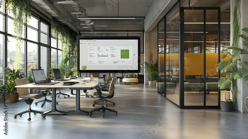 Modern Office Interior Design with Glass Walls and Plants 3D Illustration