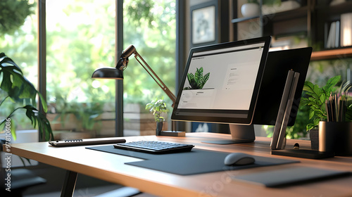 3D Render of a Modern Home Office Desk Setup with a Computer, Keyboard, Mouse, and Plants