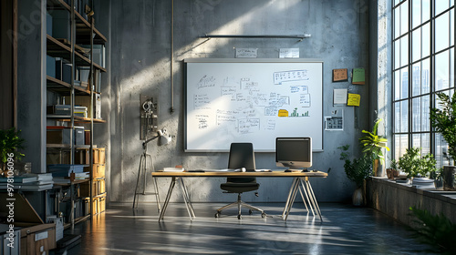 Industrial Loft Office Workspace with Whiteboard and Window View 3D Illustration