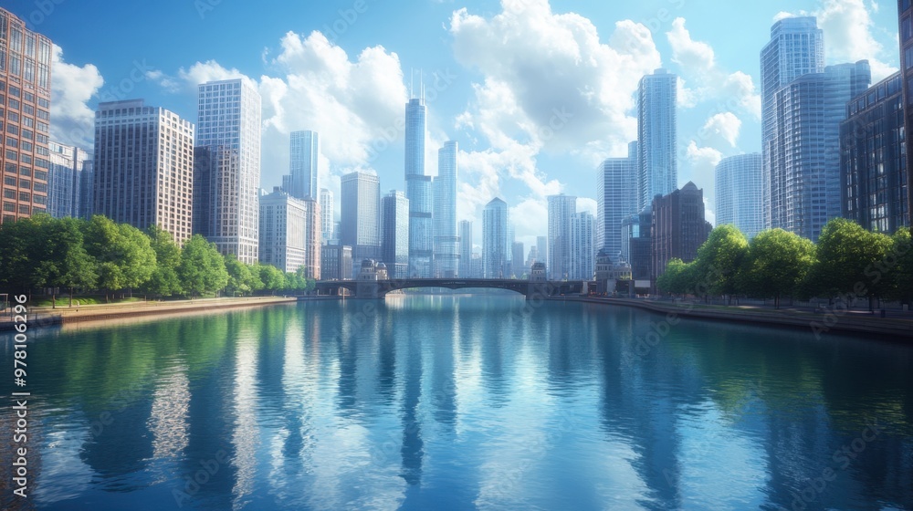 Fototapeta premium A city river with modern skyscrapers lining the banks, reflecting in the water on a sunny day.