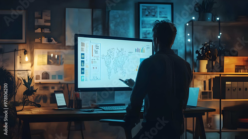 Person Working at a Desk with a Computer and a World Map Illustration