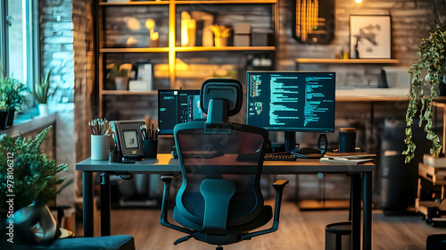 Modern Home Office Desk with Computer and Chair - Realistic Image