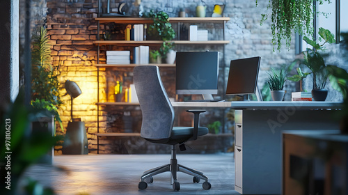 Modern Home Office Interior Design with Brick Wall, Desk, and Plants - 3D Illustration
