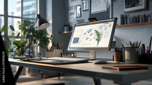 Modern Desk Setup with Computer and Desk Lamp - 3D Illustration