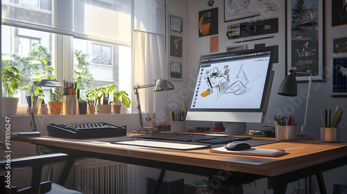 Modern Home Office with Wooden Desk and Window Light - Illustration