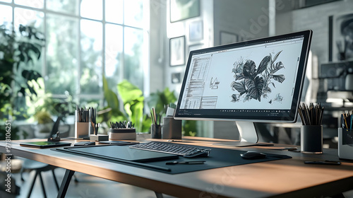 Modern Workspace with Computer and Design Illustration