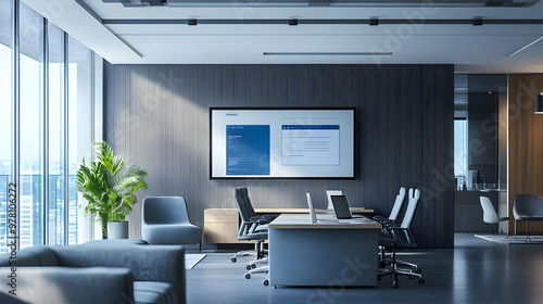 Modern Office Interior Design with Large Window and Meeting Room 3D Illustration