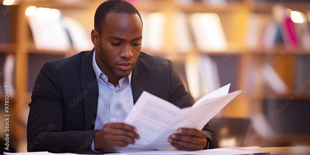 Focused Professional: A man intensely studying a legal document in a well-lit office. Focused Professional: A man intensely studying a legal document in a well-lit office.