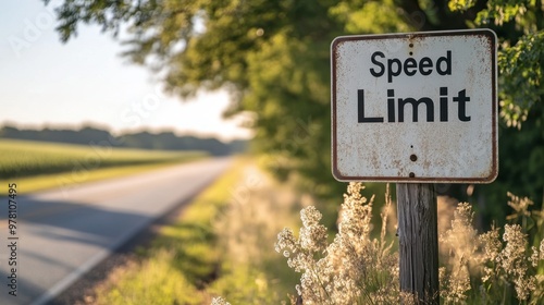 A close-up of a "Speed Limit" sign showing 45 mph, with a rural road and greenery in the background.