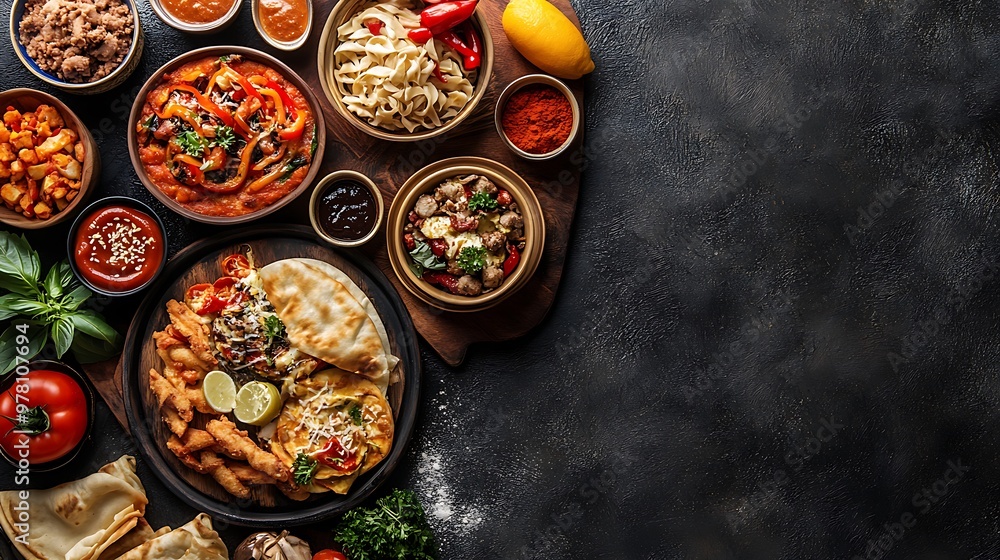 A food-centric design with a selection of globally popular items, showcasing ample space for ad text or promotional content A food-centric design with a selection of globally popular items, showcasing ample space for ad text or promotional content