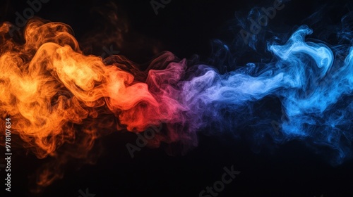 Abstract Swirling Orange and Blue Smoke on Black Background