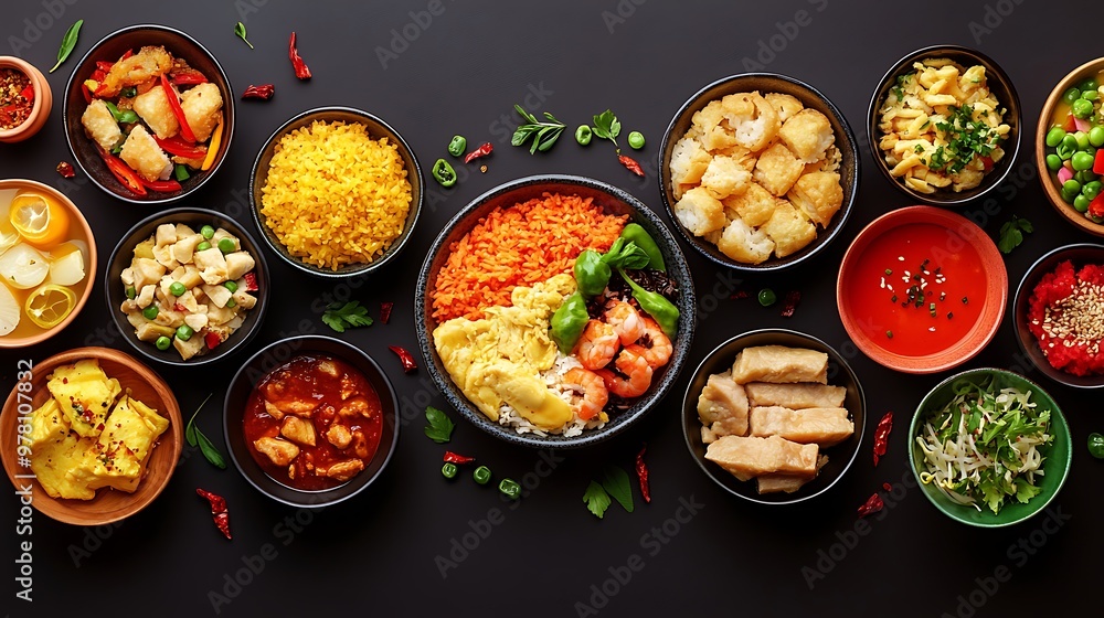 A minimalist design featuring globally popular meals with a large empty area for promotional copy or advertising details A minimalist design featuring globally popular meals with a large empty area for promotional copy or advertising details