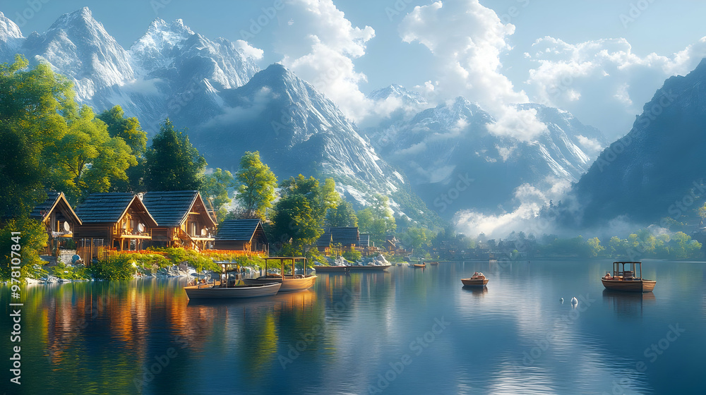 Fototapeta premium Mountain Lake Village Illustration